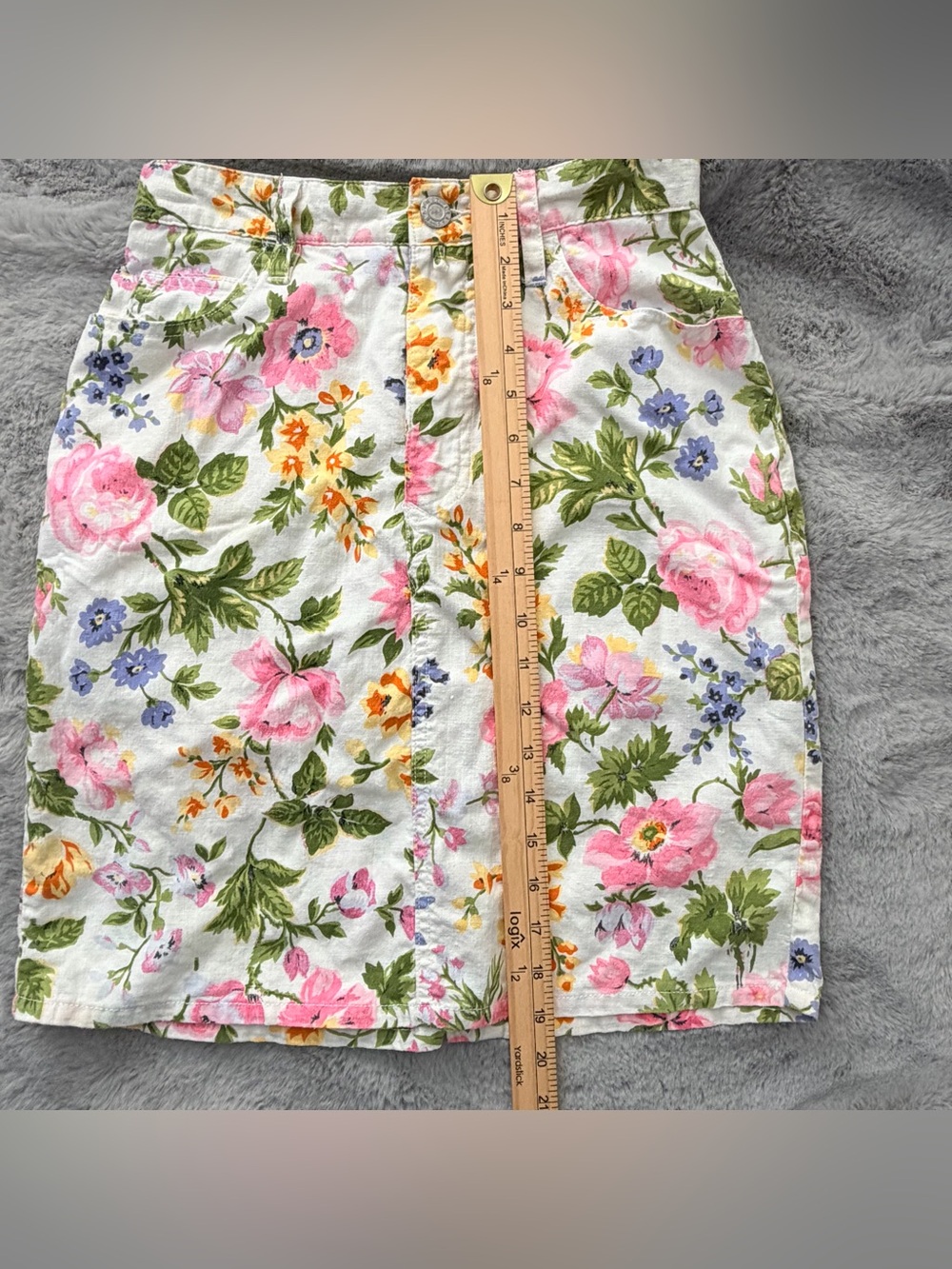 Esprit Floral Linen Cotton Skirt Vintage Botanical Skirt White Pink size 5/6 - Picture 11 of 12